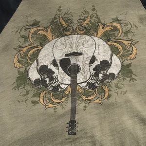 Long Sleeve Raglan Graphic Skull Guitar Tee Med